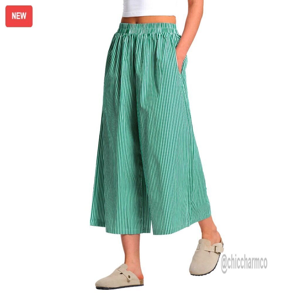 Wide Leg Capri Pants Cotton Gingham Plaid Culottes Elastic Waist Palazzo